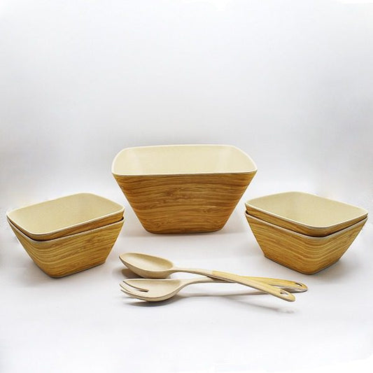 Conjunto saladeira quadrada + taças bamboo natural