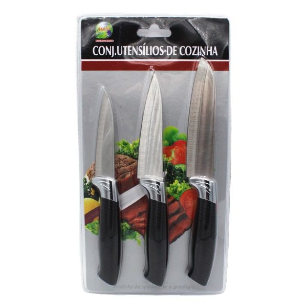 Conjunto 3 Facas Cozinha com Cabo Preto Texturado